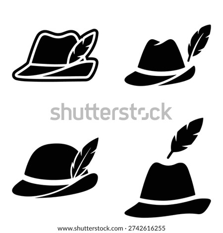 German Tyrolean hat vector icon set. Collection of traditional Alpine headwear symbols with feathers in black silhouette style isolated on white background.