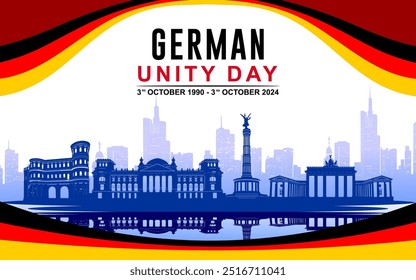 German Unification Day 2024 Gradient Banner with Brandenburg Gate Silhouette and other landmarks. German Unification Day celebration banner, background, poster, template, greeting, vector illustration