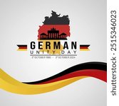 German Unity Day 2024 Greeting with Brandenburg Gate Silhouette on the German Map. "Tag der Deutschen Einheit". Translation : German Unification Day.  Vector Illustration