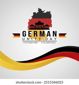 Tag der Deutschen Einheit 2024 Gruß mit Brandenburger Tor Silhouette auf der deutschen Karte. Tag der Deutschen Einheit. Übersetzung: Tag der deutschen Vereinigung.  Vektorgrafik