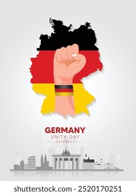 Tag der Deutschen Einheit 3. Oktober Hand auf Fahnenkarte, Vektorposter