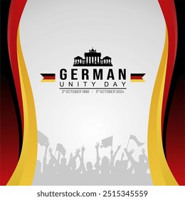 German Unity Day 3rd October 2024 Greeting Card with Gradient flag and Brandenburg Gate Illustration. "Tag der Deutschen Einheit". Translation : German Unification Day.  Vector Illustration