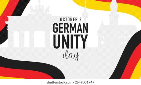 German Unity Day banner greeting with German flag colors, city skyline silhouette background.Vector illustration