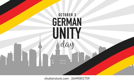 German Unity Day banner greeting with German flag colors, city skyline silhouette, and starburst background. 