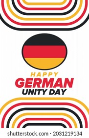 German Unity Day. Celebrated annually on October 3 in Germany. Happy national holiday of unity, freedom and reunification. Deutsch flag. Patriotic poster design. Vector illustration