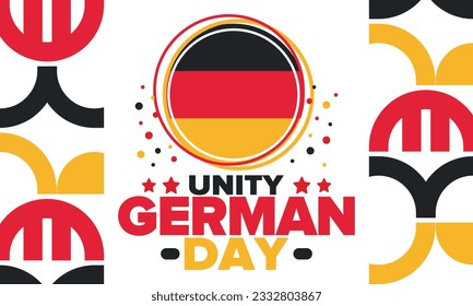 Deutscher Einheitstag. Jährlich am 3. Oktober in Deutschland gefeiert. Fröhlicher Nationalfeiertag der Einheit, der Freiheit und der Wiedervereinigung. Deutsche Flagge. Patriotisches Plakatdesign. Vektorgrafik