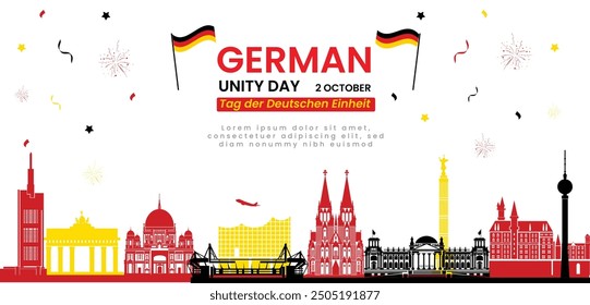 German Unity Day Celebration Banner with Iconic Landmarks and Fireworks - October 2nd Vector Illustration