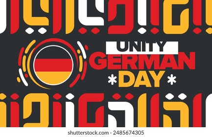 Tag der Deutschen Einheit. Glücklicher Nationalfeiertag der Einheit, Freiheit und Wiedervereinigung. Deutsche Flagge. Jährlich am 3. Oktober in Deutschland gefeiert. Patriotisches Plakatdesign. Vektorillustration