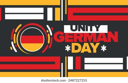 Tag der Deutschen Einheit. Glücklicher Nationalfeiertag der Einheit, Freiheit und Wiedervereinigung. Deutsche Flagge. Jährlich am 3. Oktober in Deutschland gefeiert. Patriotisches Plakatdesign. Vektorillustration