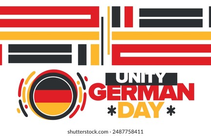 Tag der Deutschen Einheit. Glücklicher Nationalfeiertag der Einheit, Freiheit und Wiedervereinigung. Deutsche Flagge. Jährlich am 3. Oktober in Deutschland gefeiert. Patriotisches Plakatdesign. Vektorillustration