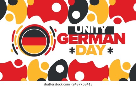 Tag der Deutschen Einheit. Glücklicher Nationalfeiertag der Einheit, Freiheit und Wiedervereinigung. Deutsche Flagge. Jährlich am 3. Oktober in Deutschland gefeiert. Patriotisches Plakatdesign. Vektorillustration