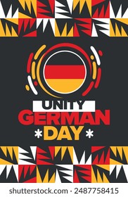 Tag der Deutschen Einheit. Glücklicher Nationalfeiertag der Einheit, Freiheit und Wiedervereinigung. Deutsche Flagge. Jährlich am 3. Oktober in Deutschland gefeiert. Patriotisches Plakatdesign. Vektorillustration