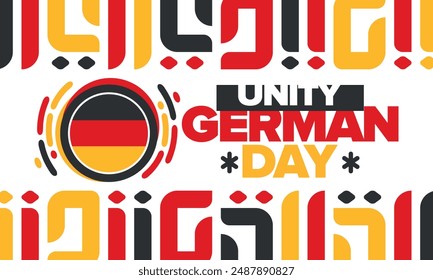 Tag der Deutschen Einheit. Glücklicher Nationalfeiertag der Einheit, Freiheit und Wiedervereinigung. Deutsche Flagge. Jährlich am 3. Oktober in Deutschland gefeiert. Patriotisches Plakatdesign. Vektorillustration