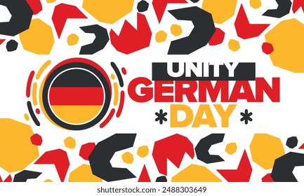 Tag der Deutschen Einheit. Glücklicher Nationalfeiertag der Einheit, Freiheit und Wiedervereinigung. Deutsche Flagge. Jährlich am 3. Oktober in Deutschland gefeiert. Patriotisches Plakatdesign. Vektorillustration