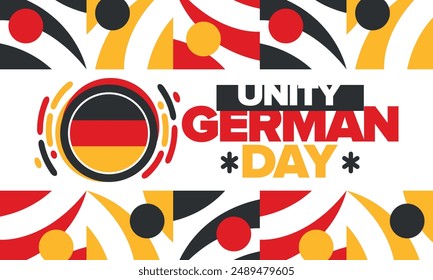 Tag der Deutschen Einheit. Glücklicher Nationalfeiertag der Einheit, Freiheit und Wiedervereinigung. Deutsche Flagge. Jährlich am 3. Oktober in Deutschland gefeiert. Patriotisches Plakatdesign. Vektorillustration