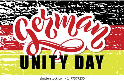 German Unity Day (Tag der Deutschen Einheit) hand writing phrase with Germany national flag illustration for greeting card, poster, banner. Modern brush ink calligraphy. Vector EPS 10