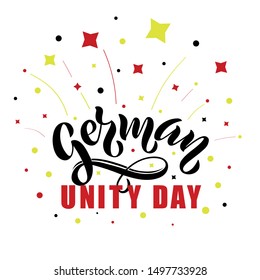 German Unity Day (Tag der Deutschen Einheit) hand writing phrase with illustration of firework in Germany national flag colors for card, poster, banner. Modern brush ink calligraphy. Vector EPS10