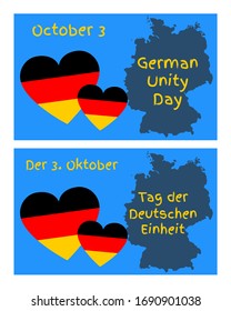 German Unity Day (Tag der Deutschen Einheit) vector greeting card with national flag of Germany in the shape of heart, country silhouette and congratulatory tricolor text in english and in german.