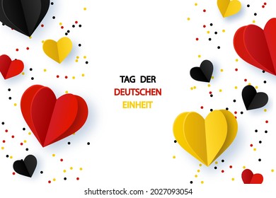 German Unity day - Tag der Deutschen Einheit. October 3rd. Background with Germany flags in heart shape and confetti. Vector template for banner, typography poster, flyer, greeting card.