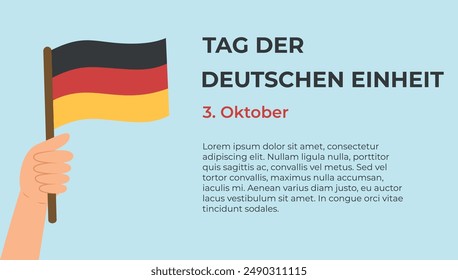 Plantilla de Anuncio del Día de la Unidad Alemana (Tag Der Deutschen Einheit). Fiesta nacional 3 de octubre. Mano sosteniendo la bandera de Alemania. Ilustración vectorial.