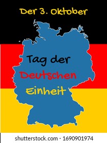 German Unity Day vector greeting card in german with blue country silhouette and tricolor congratulatory text: Tag der Deutschen Einheit on the colors of the flag of Germany background.