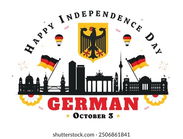 Ilustración vectorial del Día de la Unidad Alemana el 3 de octubre con la bandera de Alemania y los Lugares famosos nacionales en un fondo de estilo plano para Festiva