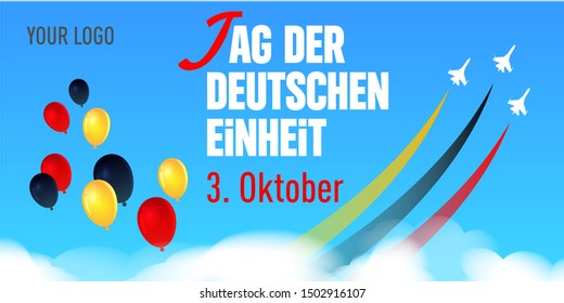 German Unity Day(Tag der Deutschen Einheit), 3 Oktober. Balloons in the colors of the German flag and the air show. Vector greeting card, web banner template.