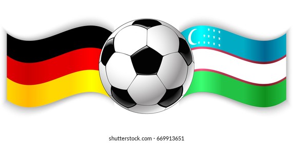 German and Uzbek wavy flags with football ball. Germany combined with Uzbekistan isolated on white. Football match or international sport competition concept.