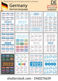 German vertical Big set of pocket calendars for 2022 (two thousand twenty two). Week starts Sunday. New year. Color simple design. Vector