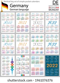 German vertical Big set of pocket calendars for 2022 (two thousand twenty two). Week starts Monday. New year. Color simple design. Vector