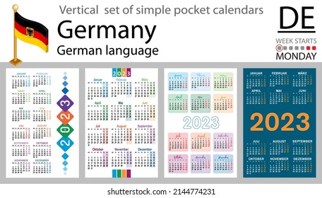 German vertical pocket calendar for 2023 (two thousand twenty three). Week starts Monday. New year. Color simple design. Vector