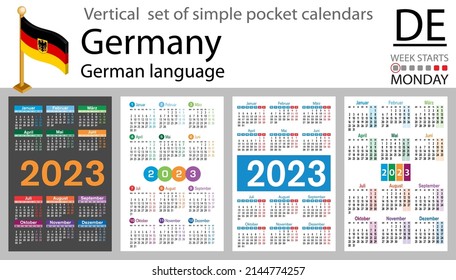 German vertical pocket calendar for 2023 (two thousand twenty three). Week starts Monday. New year. Color simple design. Vector