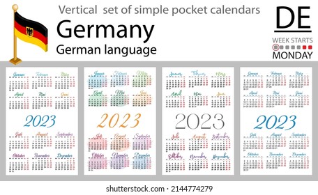 German vertical pocket calendar for 2023 (two thousand twenty three). Week starts Monday. New year. Color simple design. Vector