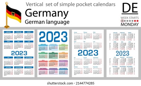 German vertical pocket calendar for 2023 (two thousand twenty three). Week starts Monday. New year. Color simple design. Vector