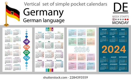 German vertical set of pocket calendar for 2024 (two thousand twenty four). Week starts Monday. New year. Color simple design. Vector