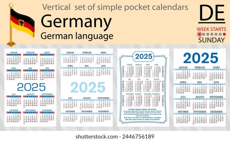 German vertical set of pocket calendar for 2025 (two thousand twenty five). Week starts Sunday. New year. Color simple design. Vector