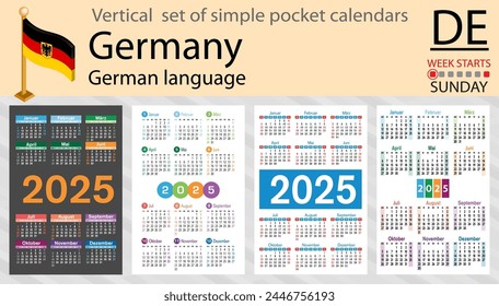 German vertical set of pocket calendar for 2025 (two thousand twenty five). Week starts Sunday. New year. Color simple design. Vector