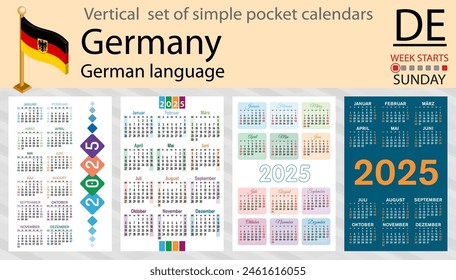 German vertical set of pocket calendar for 2025 (two thousand twenty five). Week starts Sunday. New year. Color simple design. Vector