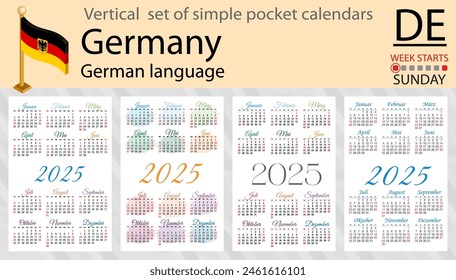 German vertical set of pocket calendar for 2025 (two thousand twenty five). Week starts Sunday. New year. Color simple design. Vector