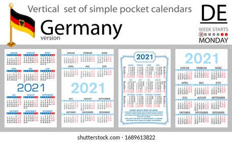 Conjunto vertical alemán de calendarios de bolsillo para 2021 (dos mil veintiún). La semana empieza el lunes. Año nuevo. Diseño sencillo en color. Vector