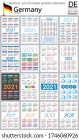 Juego vertical alemán de calendarios de bolsillo para 2021 (dos mil veintiuno). La semana empieza el lunes. Año nuevo. Diseño sencillo en color. Vector