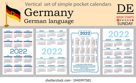 German vertical set of pocket calendars for 2022 (two thousand twenty two). Week starts Sunday. New year. Color simple design. Vector