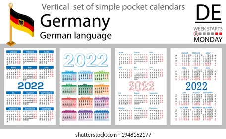 German vertical set of pocket calendars for 2022 (two thousand twenty two). Week starts Monday. New year. Color simple design. Vector