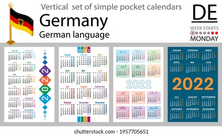German vertical set of pocket calendars for 2022 (two thousand twenty two). Week starts Monday. New year. Color simple design. Vector