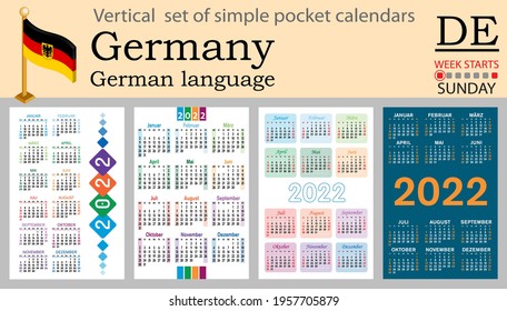 German vertical set of pocket calendars for 2022 (two thousand twenty two). Week starts Sunday. New year. Color simple design. Vector