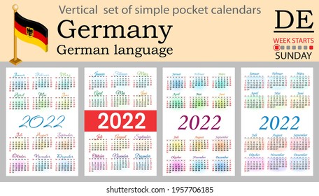 German vertical set of pocket calendars for 2022 (two thousand twenty two). Week starts Sunday. New year. Color simple design. Vector