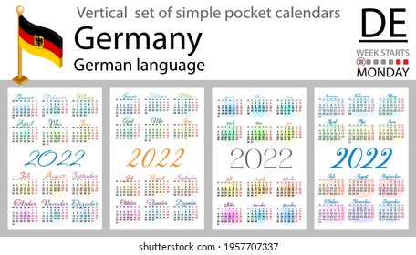 German vertical set of pocket calendars for 2022 (two thousand twenty two). Week starts Monday. New year. Color simple design. Vector