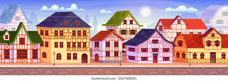 German village street. Medieval half timber houses vintage victorian european architecture, old normandy city town cartoon landscape germany mansion swanky vector illustration original artwork