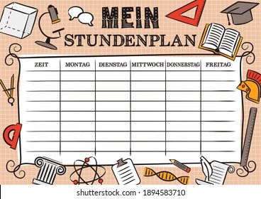 German vintage template of a school schedule for 5 days of the week for students. Blank for a list of school subjects. Vector illustration in doodle styles for Germany. Translation: My Timetable