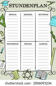 German vintage template of a school schedule for 6 days of the week for students. Blank for a list of school subjects. Vector illustration in doodle styles for Germany. Translation: Timetable